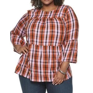 EVRI Plaid Plus Size Bell Sleeve Tiered Blouse Top Size 0X NWT